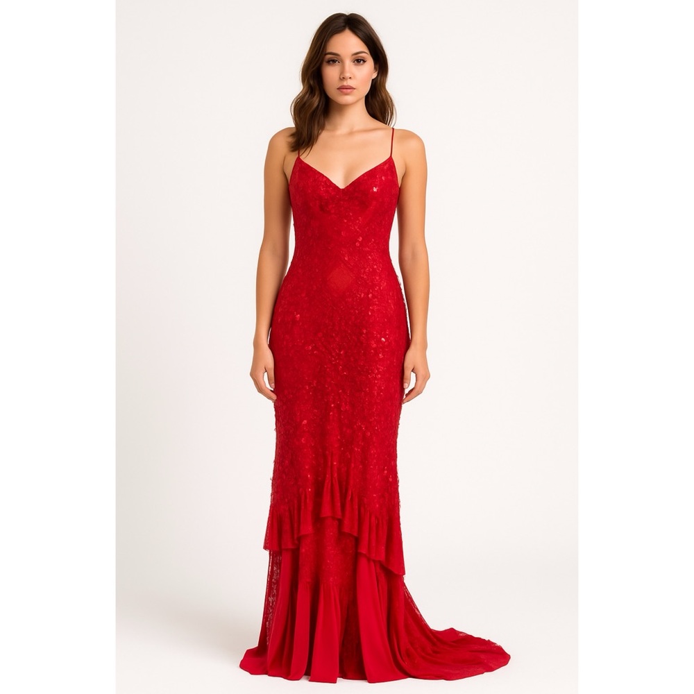 Mandalay Gown Red Sequin Maxi Dress Hi Lo Elegant Size 6 NWT
